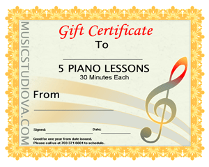 5 Piano Lessons Gift Certificate