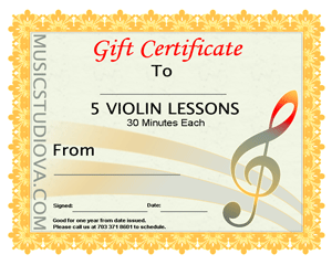 5 Violin Lessons Gift Certificate
